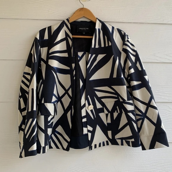 Lafayette 148 New York Blue Cream Blazer Jacket M One Button Cotton Blend - Picture 2 of 10